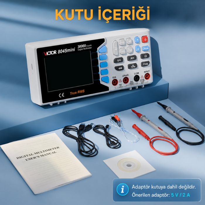 Victor 8045 multimetre kutu içeriği ve bağlantı kabloları