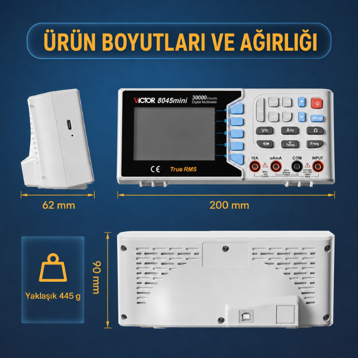 Victor 8045 masaüstü multimetre boyutları ve 445 gram ağırlığı