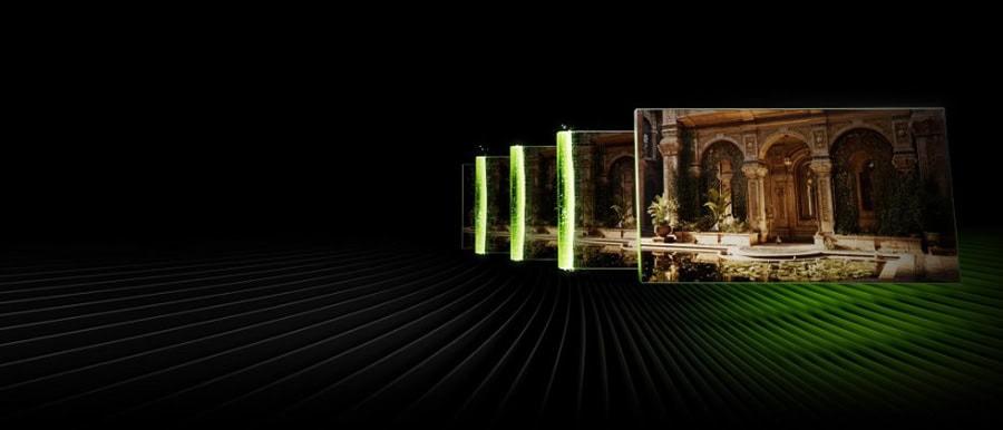 Karanlıkta sıralanmış ve arka planda yeşil aydınlatmalı teknolojik ekranlar ile tarihi bir avlu görüntüsü.