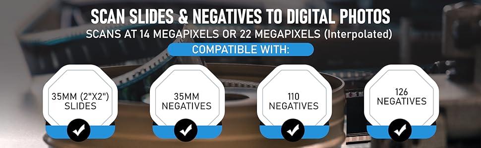 Slaytları ve negatifleri dijital fotoğraflara tarayın. 14 megapiksel veya enterpolasyonlu 22 megapikselde tarar.