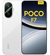 Metin "POCO F7" yazılır. Ön ve arka açılardan görüntülenen çift kamera ve tam ekranlı beyaz akıllı telefon.