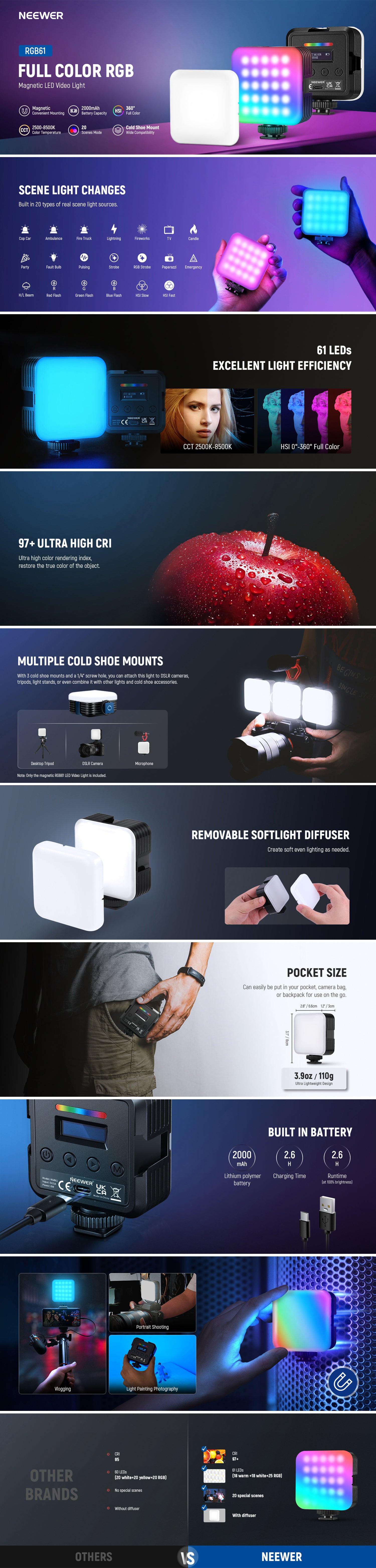 NEEWER RGB61 Profesyonel RGB LED Video Işığının ürün genel bakışları
