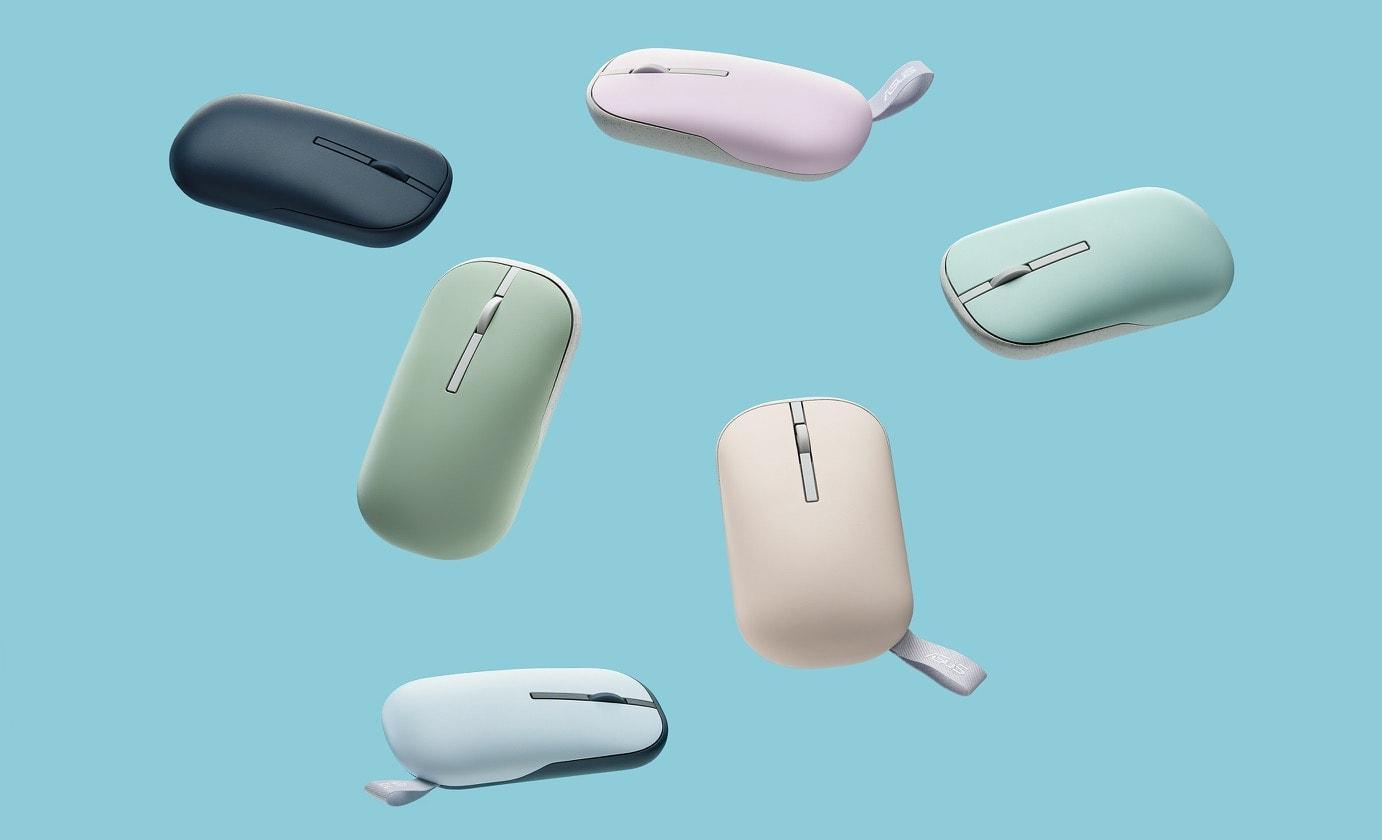 Soldan sağa doğru altı renkte gösterilen ASUS Marshmallow Fare MD100 - Oat Milk, Green Tea Latte, Quiet Blue, Solar Blue, Lilac Purple ve Brave Green.