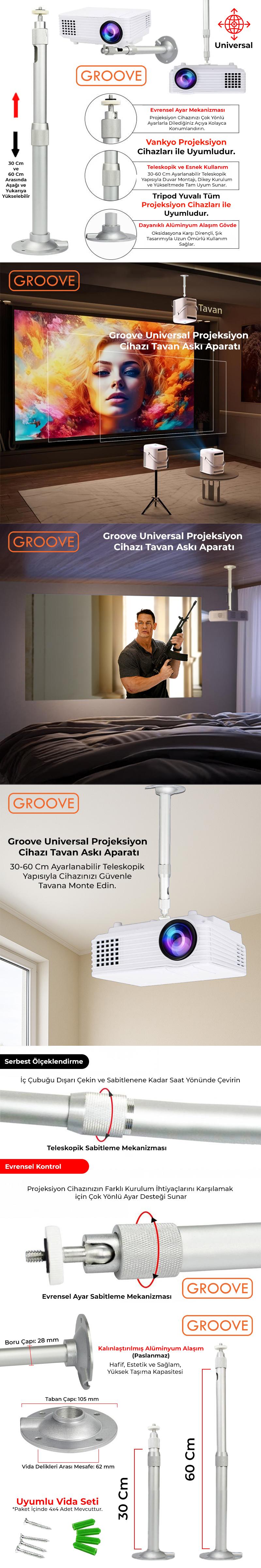 Vankyo Groove 30-60CM Alüminyum Projeksiyon Cihazı Tavan Askı Aparatı Duvar Bağlantı Aparatı Universal Projector Beyaz (360° Dönebilen Tripod Yuvalı)