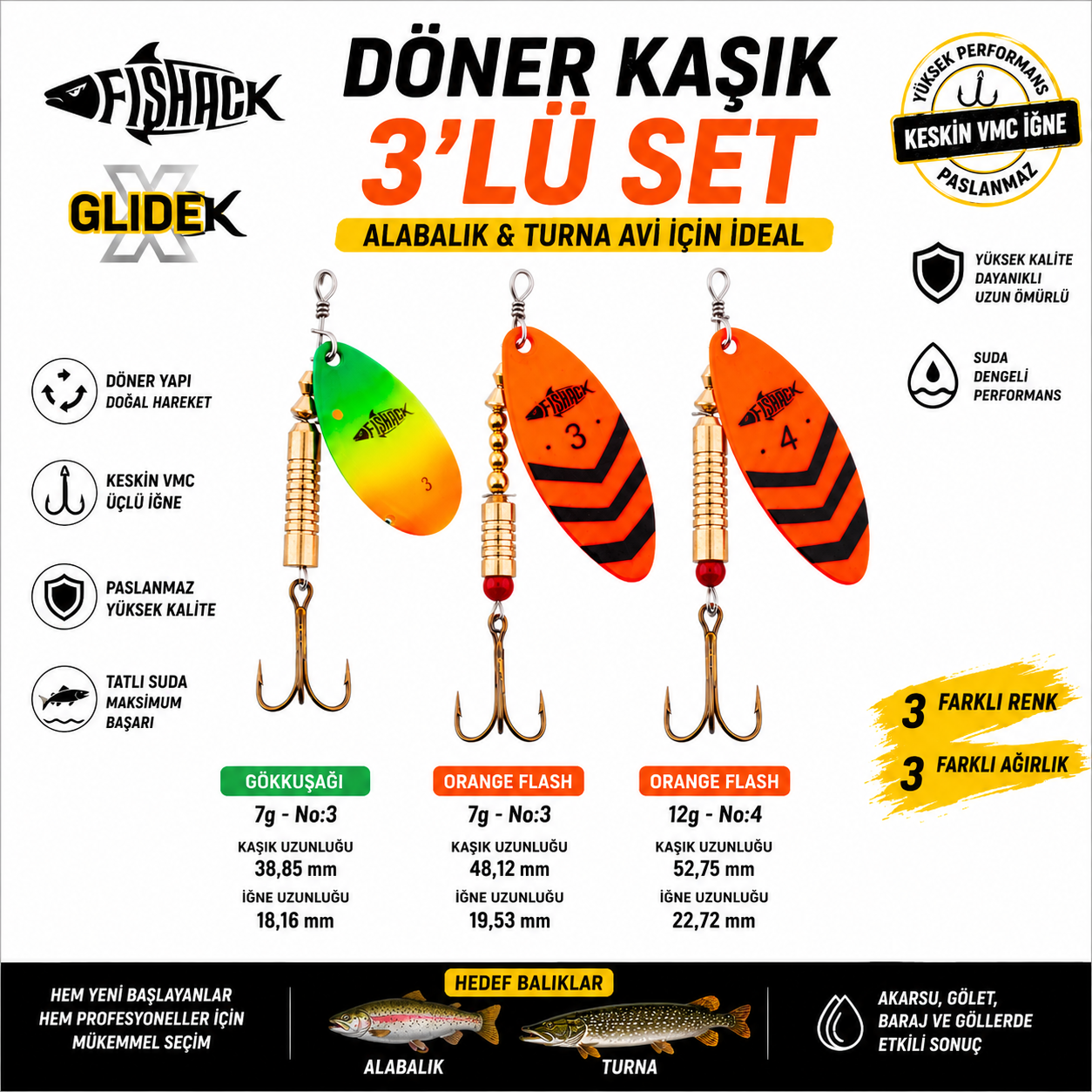 Fishack GlideX 3'lü döner kaşık seti