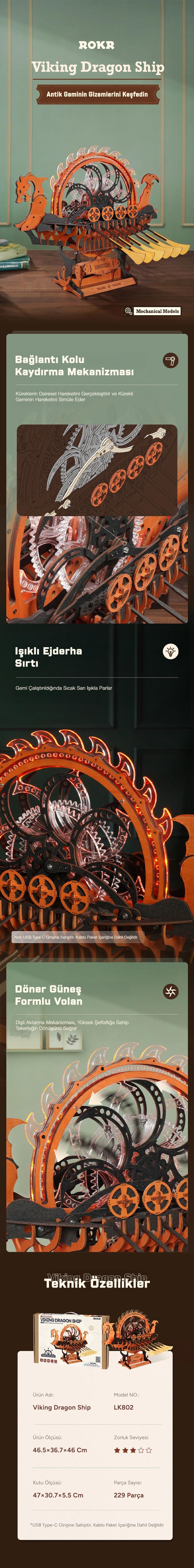 ROKR LK802 Viking Dragon Ship Mechanical 3D Wooden Puzzle