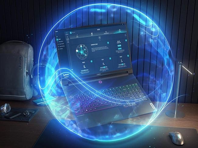 Nahimic® Audio sesi tasvir eden bir kürenin ortasında yüzen Legion 9i (16″ Intel)