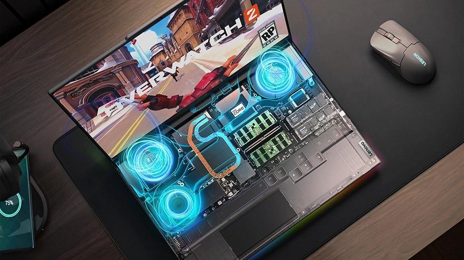 Dahili soğutma sistemi görüntüsüyle birlikte ekranında Overwatch 2 bulunan Legion 9i (16″ Intel)