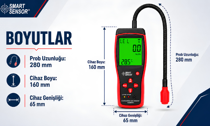 AS8800C Yanıcı Gaz Kaçak Bulucu | PPM ve LEL Boyutları
