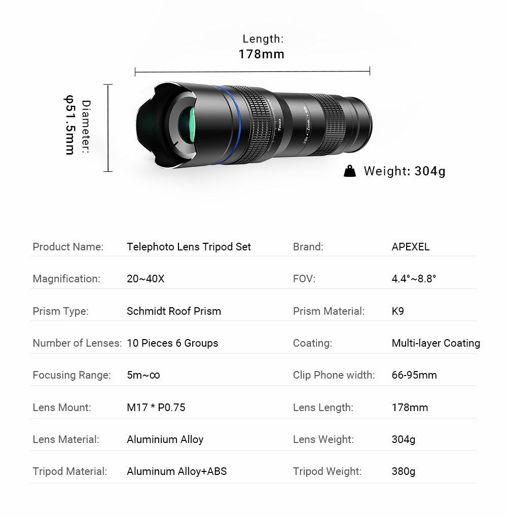Yeni Pro Zoom 20-40X Akıllı Telefon Telefoto Lens Kiti Teknik Özellikler Parametresi