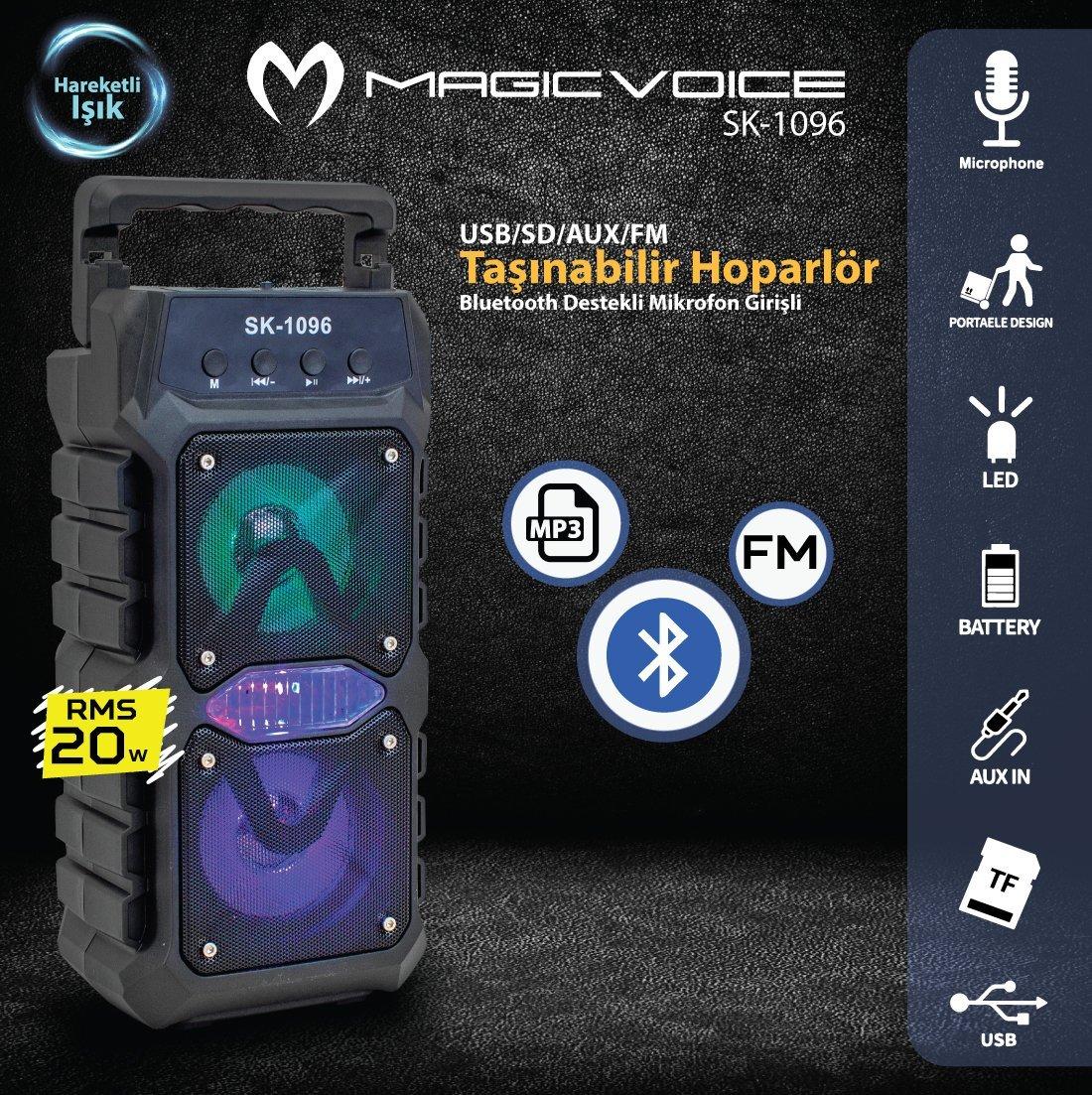 Magicvoice SK-1096 20 Watt USB/SD/AUX/FM/Bluetooth Destekli Mikrofon Girişli Taşınabilir Hoparlör