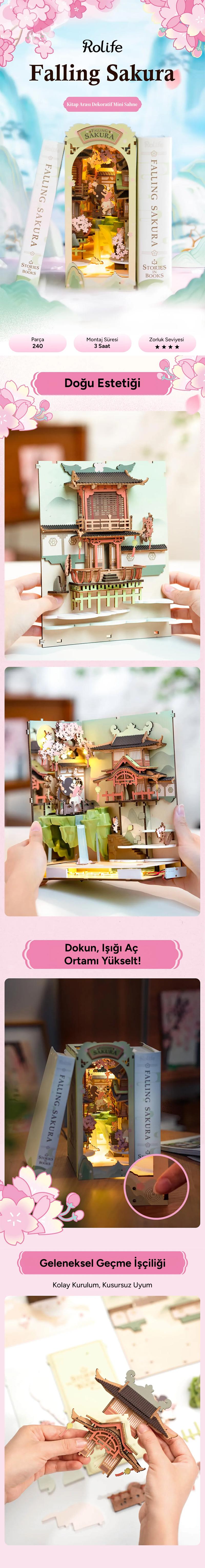 Rolife TGB05 Falling Sakura Kitap Köşesi Book Nook DIY Minyatür Maket Model Seti Mini Dollhouse 3D Model Kit Detaylı Dekoratif Hobi Seti 3D Puzzle Tiny House