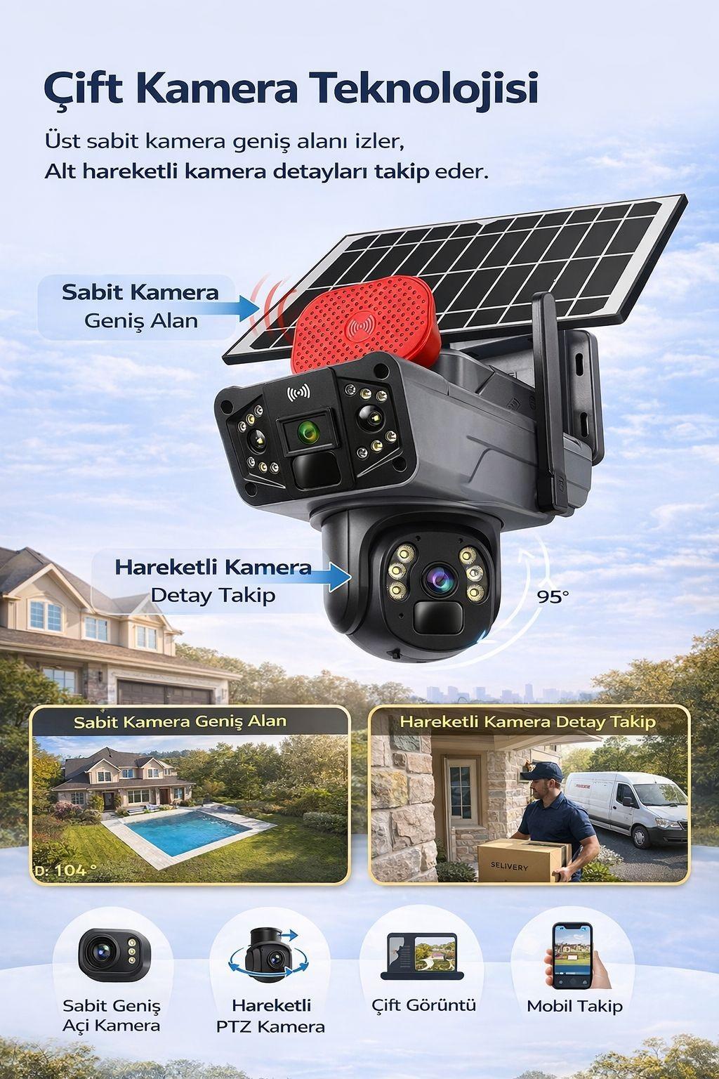 UNW-X59 2’li 4G Solar Güvenlik Kamerası (1 Sabit + 1 Hareketli) eSIM’li, 20GB İnternet Dahil, 32GB SD Kart Hediyeli, 12MP, Renkli Gece Görüşlü Görsel 4