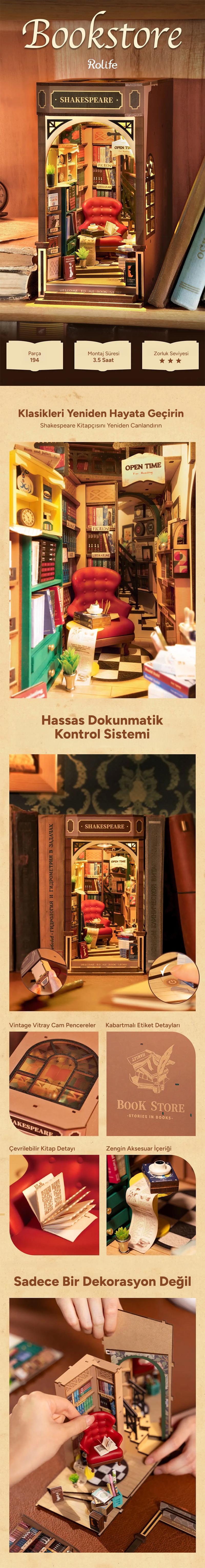 Rolife TGB07 Kitapçı (Bookstore) Kitap Köşesi Book Nook DIY Minyatür Maket Model Seti Mini Dollhouse 3D Model Kit Detaylı Dekoratif Hobi Seti 3D Puzzle Tiny House