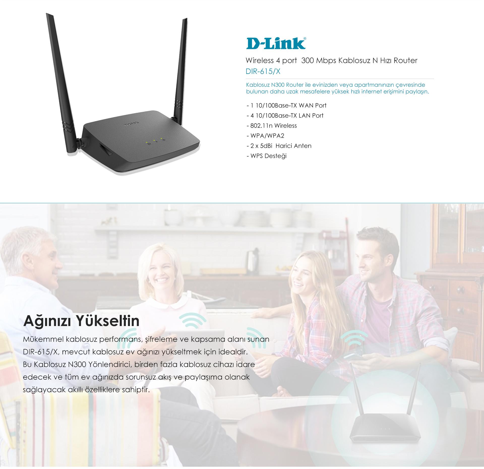 D-LINK DIR-615/X Wireless 4 port 300 Mbps Kablosuz N Hızı Router ile yüksek hızlı bağlantı 