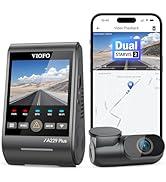 VIOFO A229 Plus çift çizgi kamera sistemi, ana üniteyi gösteren ekran ve harita ve kamera beslemesini gösteren akıllı telefon uygulama arayüzü.