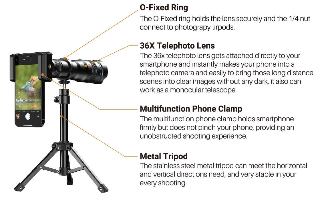 Apexel Yeni Yüksek Güçlü 36X HD Telefoto Lens, Telefon Tripod Özelliğine Sahip