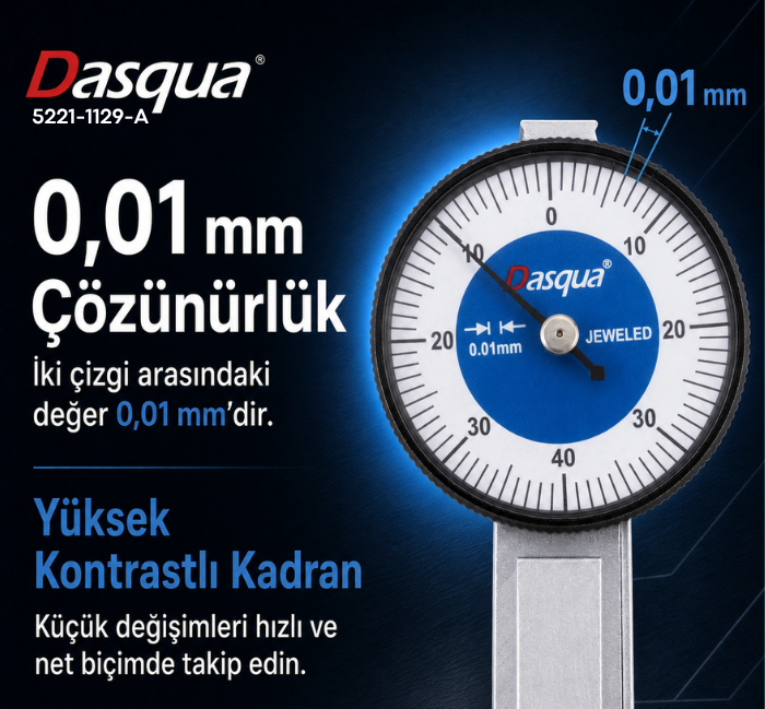 Dasqua 5221-1129-A komparatörde 0,01 mm kadran çözünürlüğü