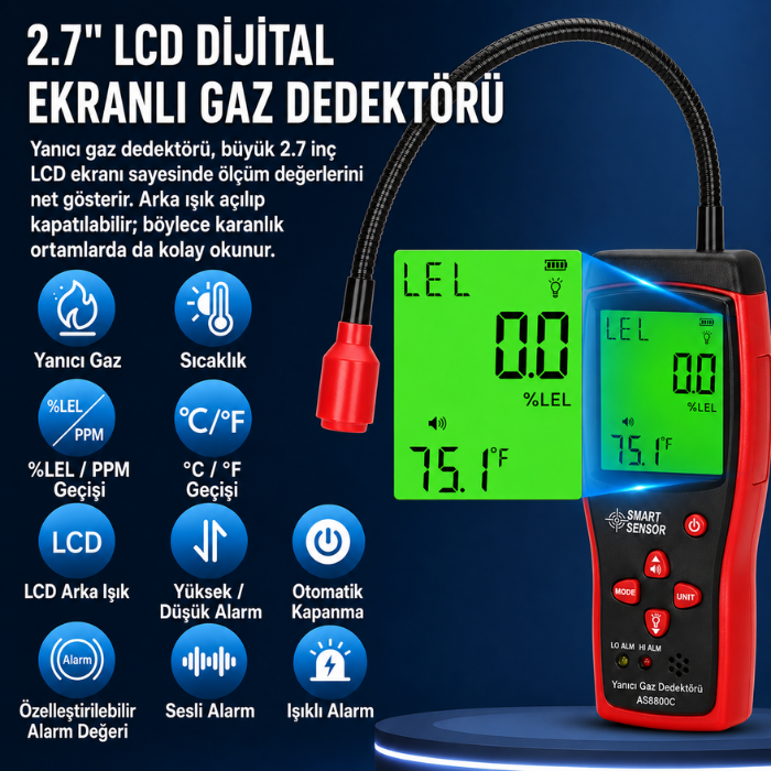 AS8800C Yanıcı Gaz Kaçak Bulucu | PPM ve LEL