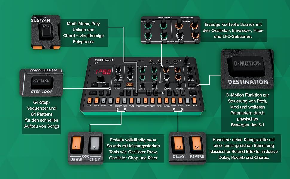 D-Motion; osilatör; zarf eğrisi; filtre; LFO; ses yüksekliği; mod; gecikme; reverb; koro; Chop;