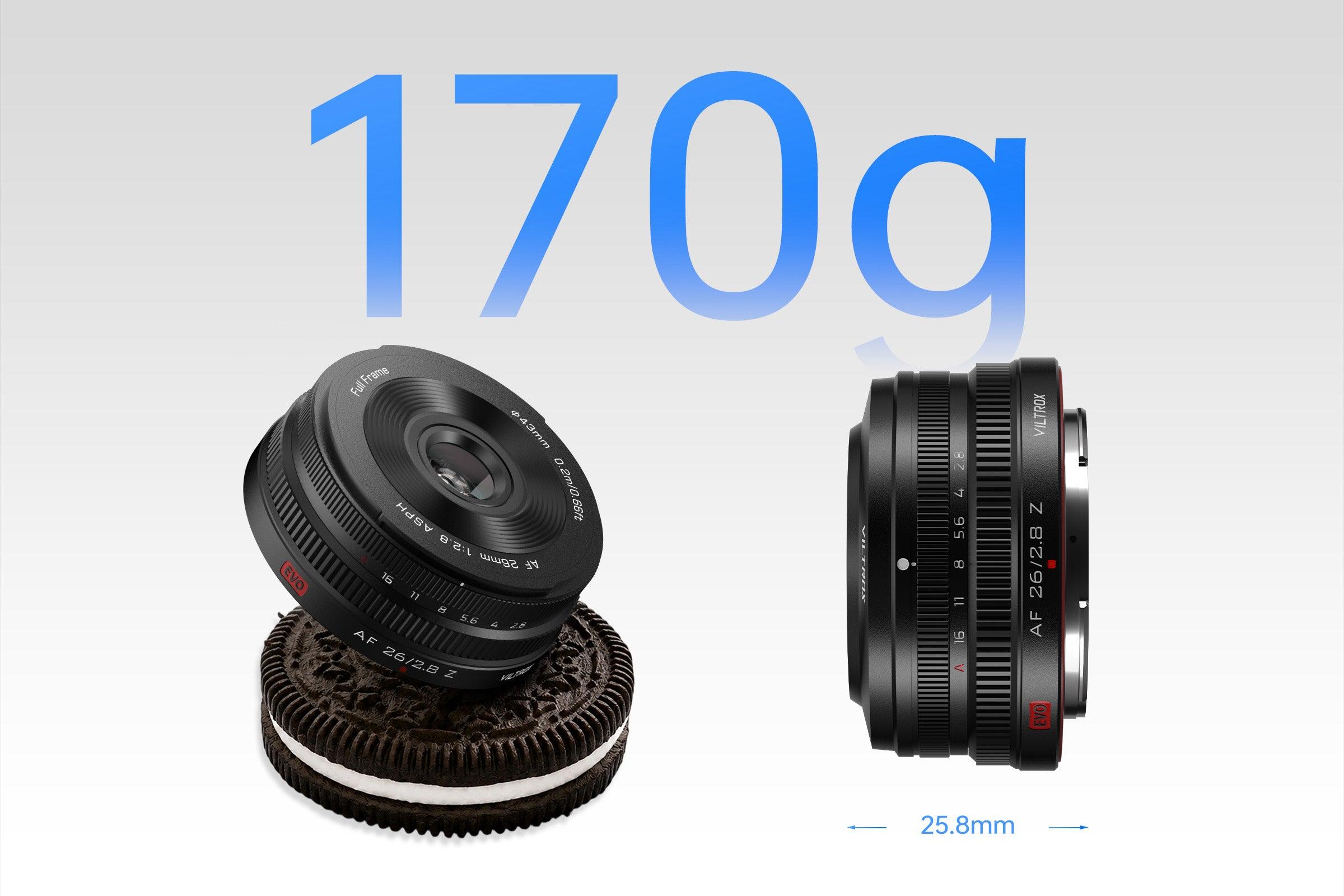 Viltrox AF 26mm F2.8 EVO Z 170 gram ve 25.8 mm boyut görseli