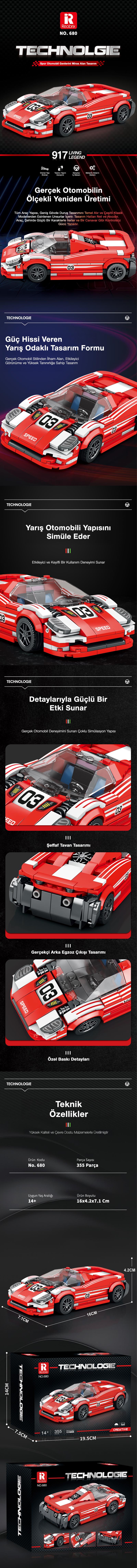 Reobrix Race Car Porsche 917 Living Legend 680 Brick Yapım Seti