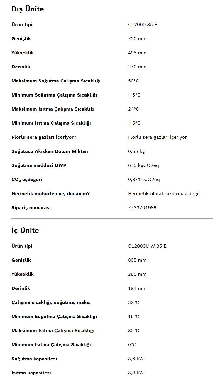 Bosch Climate 2000 Cl2000 dış ünite ve iç ünite bilgileri